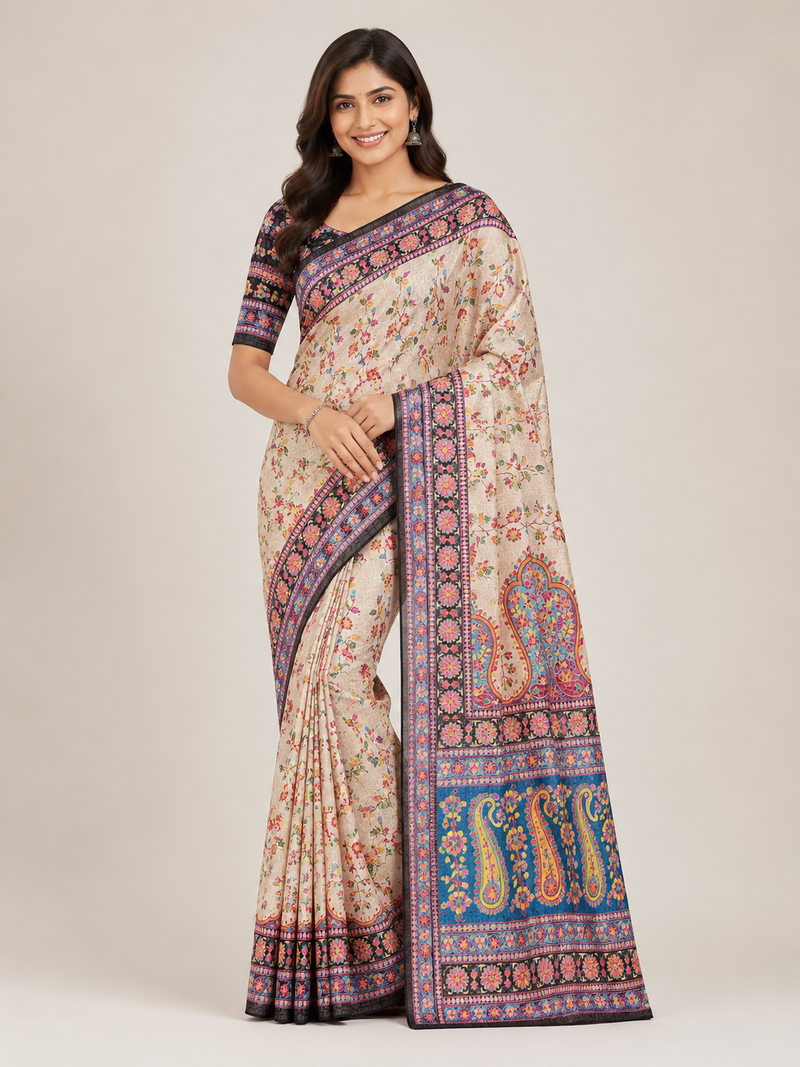 cream-black printed pasmina print with dori fitting silk jaqurad saree