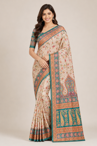 cream-rama printed pasmina print with dori fitting silk jaqurad saree