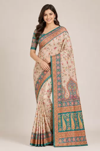 cream-rama printed pasmina print with dori fitting silk jaqurad saree
