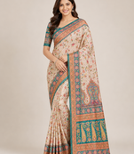 cream-rama printed pasmina print with dori fitting silk jaqurad saree