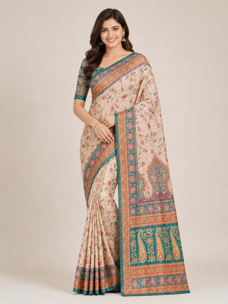cream-rama printed pasmina print with dori fitting silk jaqurad saree