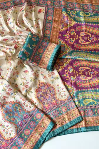 cream-rama printed pasmina print with dori fitting silk jaqurad saree