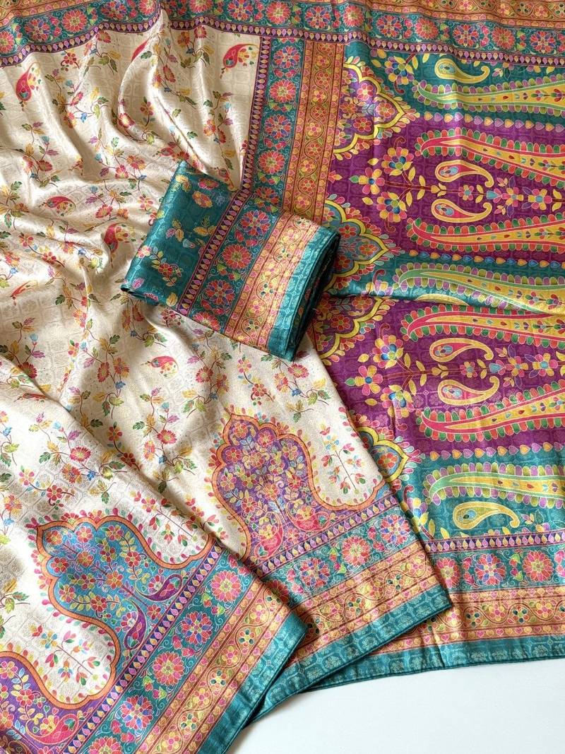 cream-rama printed pasmina print with dori fitting silk jaqurad saree
