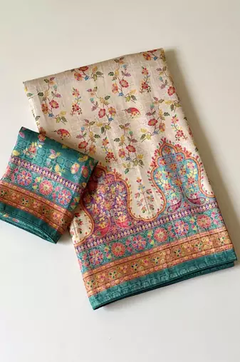 cream-rama printed pasmina print with dori fitting silk jaqurad saree