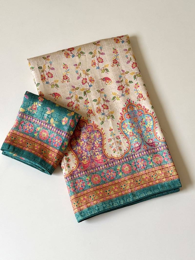 cream-rama printed pasmina print with dori fitting silk jaqurad saree