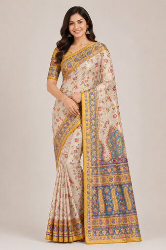cream-yellow printed pasmina print with dori fitting silk jaqurad saree