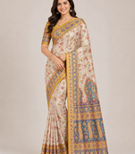 cream-yellow printed pasmina print with dori fitting silk jaqurad saree