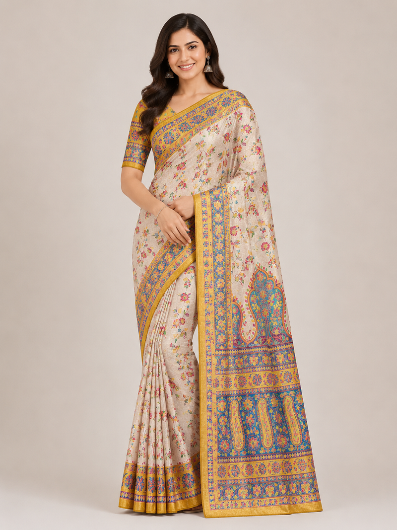 cream-yellow printed pasmina print with dori fitting silk jaqurad saree