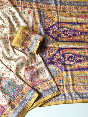 cream-yellow printed pasmina print with dori fitting silk jaqurad saree 2