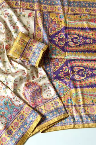 cream-yellow printed pasmina print with dori fitting silk jaqurad saree