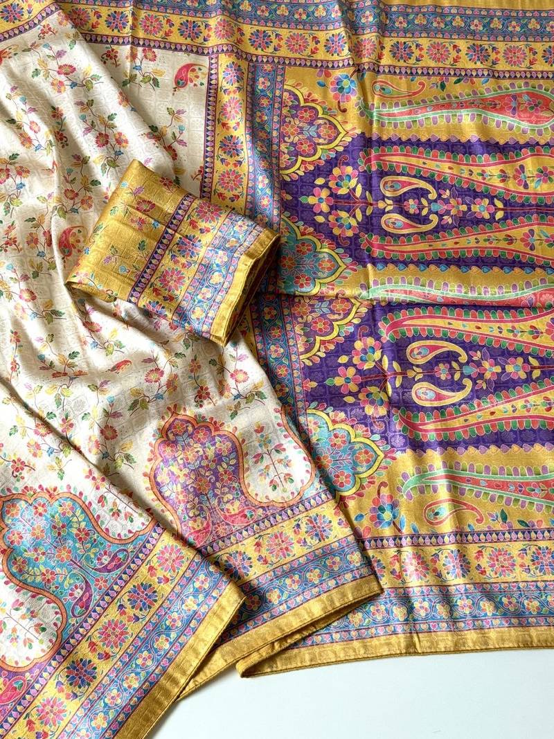 cream-yellow printed pasmina print with dori fitting silk jaqurad saree