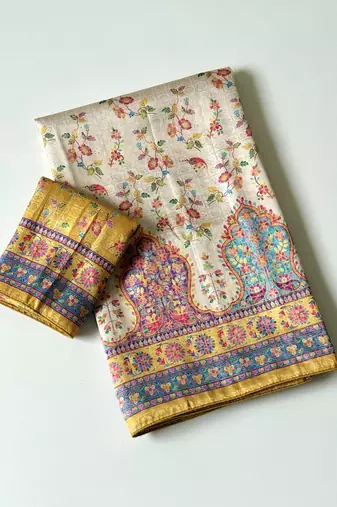 cream-yellow printed pasmina print with dori fitting silk jaqurad saree