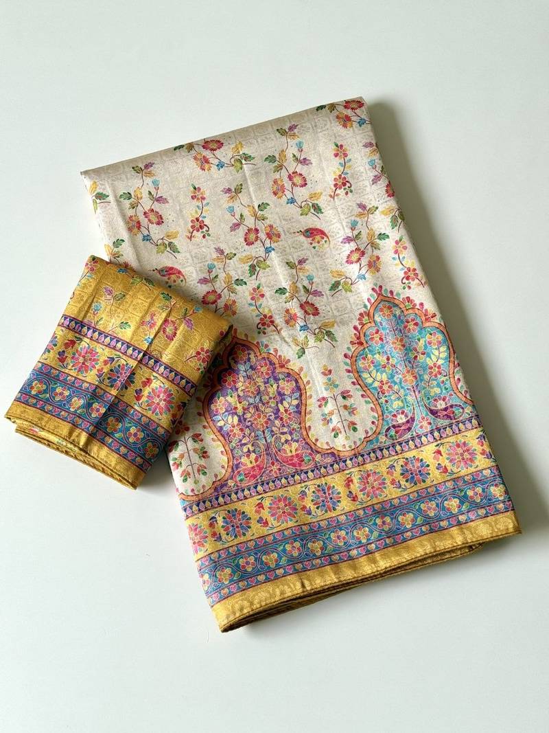 cream-yellow printed pasmina print with dori fitting silk jaqurad saree