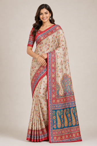 cream-red printed pasmina print with dori fitting silk jaqurad saree
