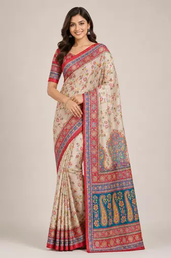 cream-red printed pasmina print with dori fitting silk jaqurad saree