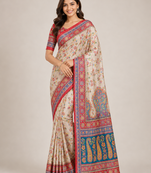 cream-red printed pasmina print with dori fitting silk jaqurad saree