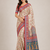 cream-red printed pasmina print with dori fitting silk jaqurad saree