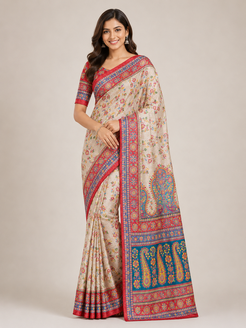 cream-red printed pasmina print with dori fitting silk jaqurad saree