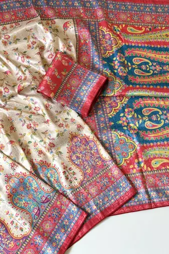 cream-red printed pasmina print with dori fitting silk jaqurad saree