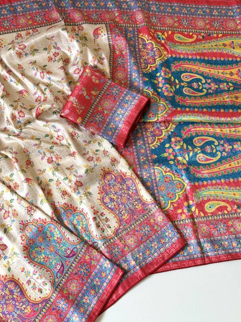 cream-red printed pasmina print with dori fitting silk jaqurad saree