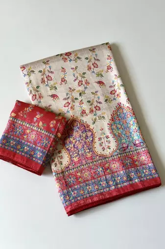 cream-red printed pasmina print with dori fitting silk jaqurad saree