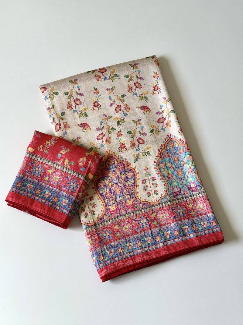 cream-red printed pasmina print with dori fitting silk jaqurad saree