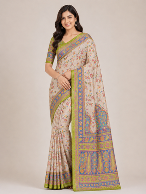 cream-parrot green printed pasmina print with dori fitting silk jaqurad saree 1