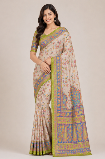 cream-parrot green printed pasmina print with dori fitting silk jaqurad saree
