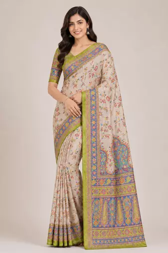 cream-parrot green printed pasmina print with dori fitting silk jaqurad saree