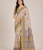 cream-parrot green printed pasmina print with dori fitting silk jaqurad saree