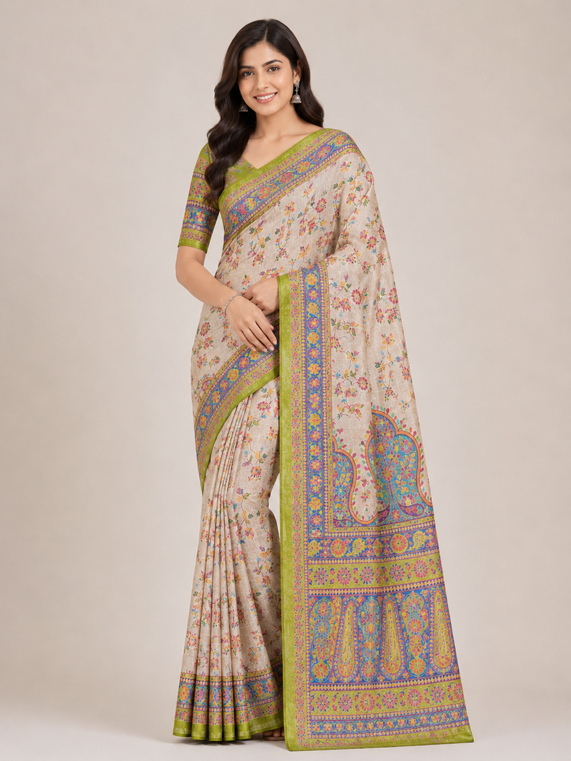 cream-parrot green printed pasmina print with dori fitting silk jaqurad saree
