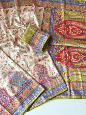 cream-parrot green printed pasmina print with dori fitting silk jaqurad saree 2
