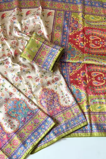 cream-parrot green printed pasmina print with dori fitting silk jaqurad saree