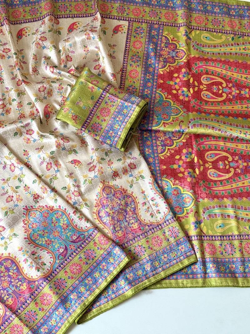 cream-parrot green printed pasmina print with dori fitting silk jaqurad saree