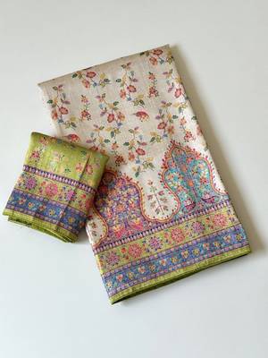 cream-parrot green printed pasmina print with dori fitting silk jaqurad saree 3