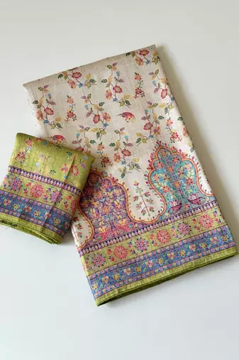 cream-parrot green printed pasmina print with dori fitting silk jaqurad saree