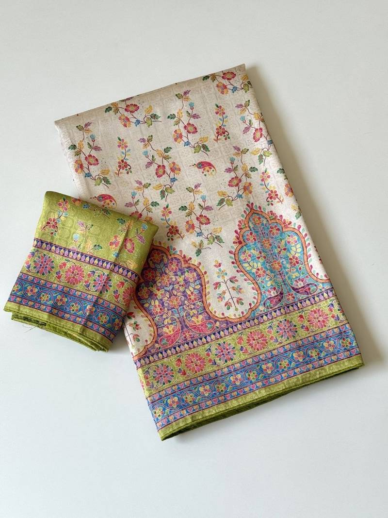 cream-parrot green printed pasmina print with dori fitting silk jaqurad saree