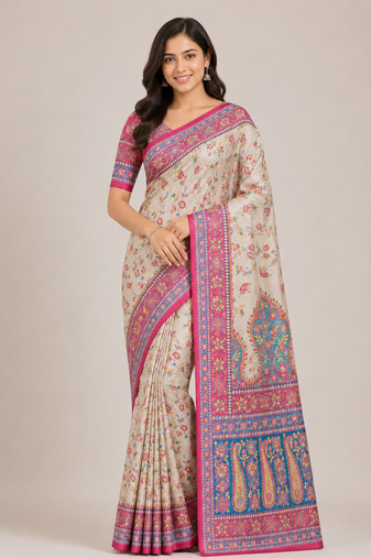 cream-pink printed pasmina print with dori fitting silk jaqurad saree