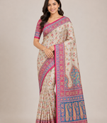 cream-pink printed pasmina print with dori fitting silk jaqurad saree