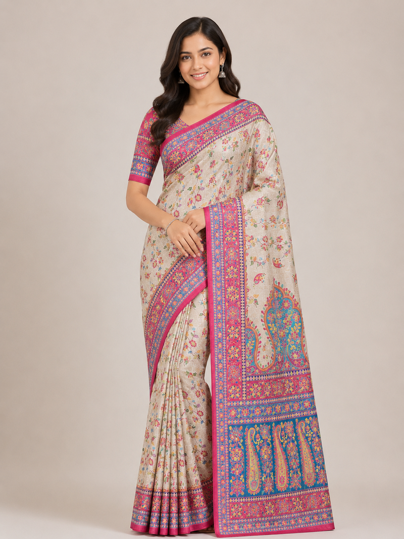cream-pink printed pasmina print with dori fitting silk jaqurad saree