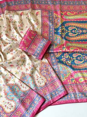 cream-pink printed pasmina print with dori fitting silk jaqurad saree 2