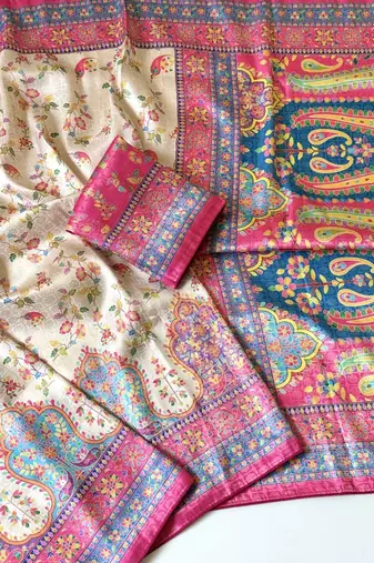 cream-pink printed pasmina print with dori fitting silk jaqurad saree