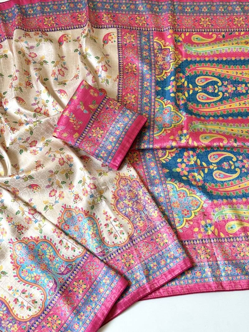 cream-pink printed pasmina print with dori fitting silk jaqurad saree