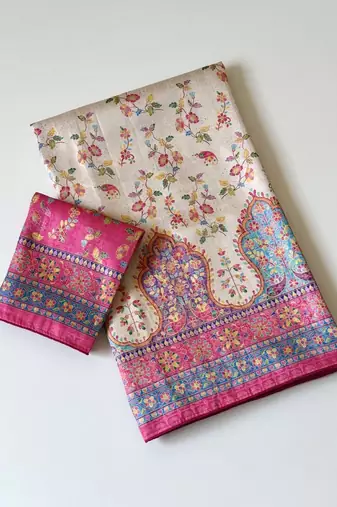 cream-pink printed pasmina print with dori fitting silk jaqurad saree