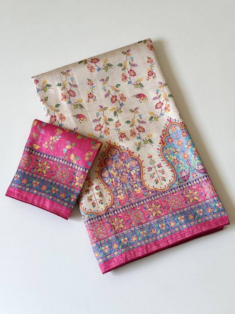 cream-pink printed pasmina print with dori fitting silk jaqurad saree