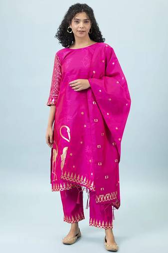 Floral printed cotton silk round neck kurta trouser & dupatta set