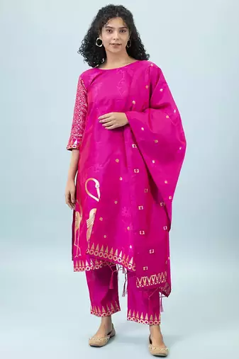 Floral printed cotton silk round neck kurta trouser & dupatta set