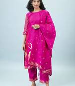 Floral printed cotton silk round neck kurta trouser & dupatta set