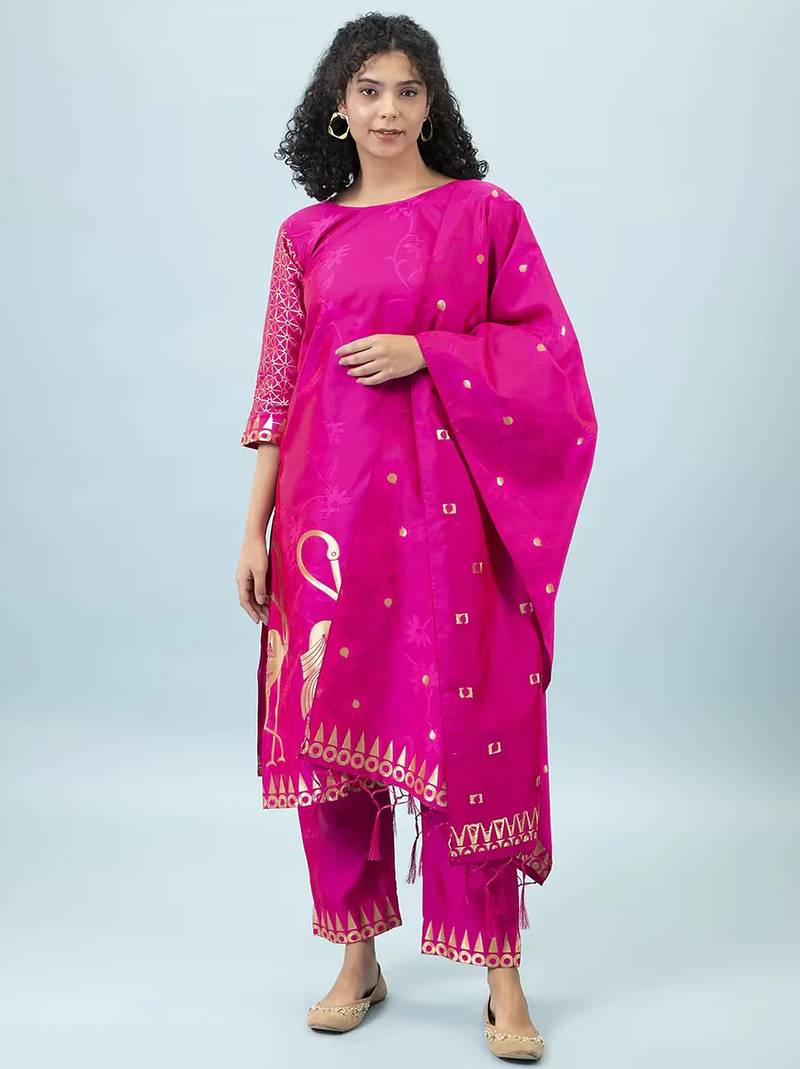 Floral printed cotton silk round neck kurta trouser & dupatta set