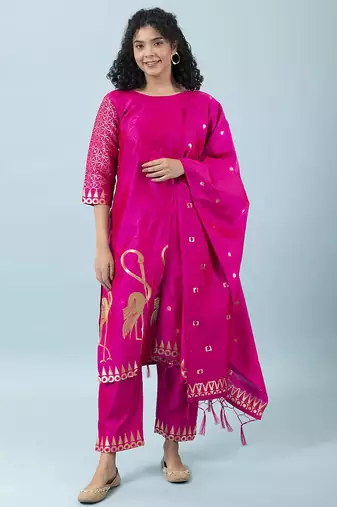 Floral printed cotton silk round neck kurta trouser & dupatta set